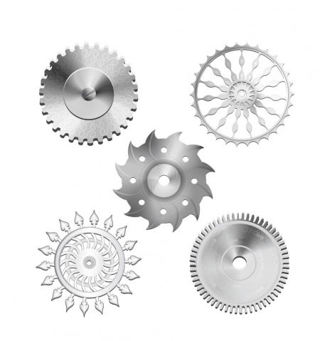 Five silver steampunk gears, cogs, and sprockets vector download.
