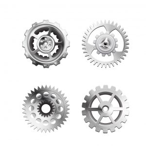 Download a vector illustration of four silver 3D gears. Adobe illustrator working layers included.