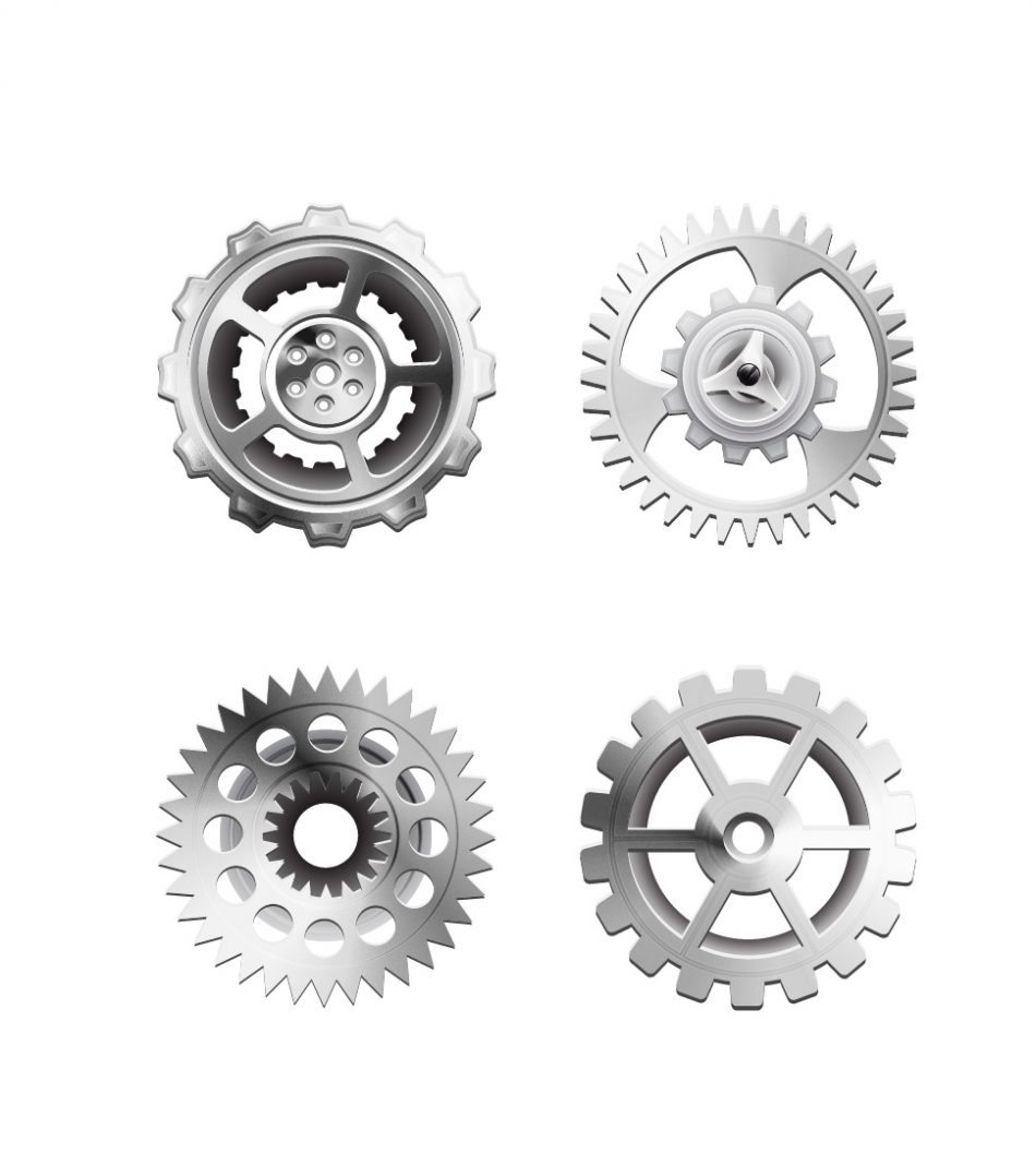 Download a vector illustration of four silver 3D gears. Adobe illustrator working layers included.